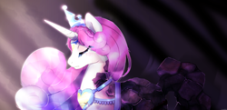 Size: 1496x723 | Tagged: safe, artist:micealbinoska, idw, imported from derpibooru, princess amore, pony, unicorn, crown, crying, curly mane, eyelashes, eyes closed, female, horn, jewelry, looking down, necklace, petrification, regalia, solo, teary eyes