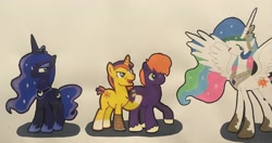 Size: 3754x1978 | Tagged: safe, artist:magicnova, derpibooru exclusive, imported from derpibooru, little mac, princess celestia, princess luna, oc, oc:starfire blaze, alicorn, earth pony, pony, unicorn, amputee, blaze (coat marking), female, freckles, jewelry, looking up, luna is not amused, male, mare, older, older little mac, parent:starlight glimmer, parent:sunburst, prosthetic leg, prosthetic limb, prosthetics, regalia, royal sisters, scar, siblings, simple background, sisters, socks (coat marking), spread wings, stallion, traditional art, unamused, unshorn fetlocks, wings