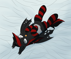 Size: 3000x2500 | Tagged: safe, artist:keupoz, imported from derpibooru, oc, oc only, oc:shadow sky, bat pony, bat pony oc, bat wings, bed, bondage, clothes, laying on bed, lying down, on bed, socks, striped socks, tongue out, wings