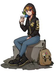 Size: 900x1200 | Tagged: safe, artist:asimos, imported from derpibooru, rainbow dash, human, bag, beverage, block, boots, clothes, cup, female, hoodie, humanized, pants, shoes, simple background, sitting, solo, white background