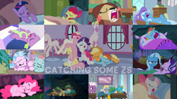 Size: 1974x1111 | Tagged: safe, edit, edited screencap, editor:quoterific, imported from derpibooru, screencap, apple bloom, applejack, fluttershy, gallus, ocellus, pinkie pie, rainbow dash, rarity, sandbar, silverstream, spike, starlight glimmer, sweetie belle, trixie, twilight sparkle, yona, alicorn, changeling, dragon, earth pony, griffon, hippogriff, pegasus, pony, unicorn, yak, a horse shoe-in, bloom and gloom, going to seed, mmmystery on the friendship express, princess spike (episode), road to friendship, she's all yak, sleepless in ponyville, somepony to watch over me, what lies beneath, applejack's hat, blanket, bow, clothes, cowboy hat, ear plugs, eyes closed, female, filly, hat, mane five, mane six, open mouth, pillow, sleeping, tired eyes, trixie is not amused, trixie's hat, twilight sparkle (alicorn), unamused