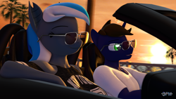 Size: 1920x1080 | Tagged: safe, artist:anthroponiessfm, imported from derpibooru, oc, oc:diamond azure, oc:galahad lazuli, anthro, bat pony, unicorn, 3d, bat pony oc, bat wings, beach, car, clothes, cute, date, driving, eyes closed, female, galamond, horn, male, source filmmaker, sunglasses, sunset, unicorn oc, wholesome, wings