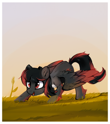 Size: 1432x1610 | Tagged: safe, artist:aureai, imported from derpibooru, oc, oc only, pegasus, pony, chest fluff, colored wings, colored wingtips, ear fluff, grass, happy, leg fluff, male, open mouth, raffle prize, red and black oc, scenery, smiling, solo, stallion, sunset, wing fluff, wings