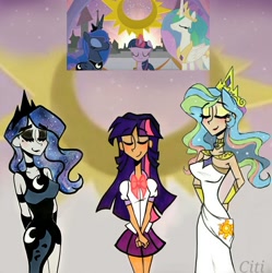 Size: 2132x2139 | Tagged: safe, artist:citi, imported from derpibooru, screencap, princess celestia, princess luna, twilight sparkle, alicorn, human, the summer sun setback, eyes closed, eyeshadow, humanized, makeup, scene interpretation, screencap reference, starry hair, twilight sparkle (alicorn)