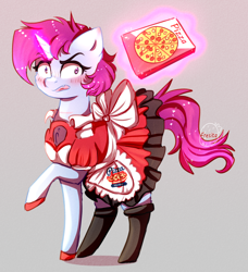 Size: 2004x2193 | Tagged: safe, artist:1fresita, imported from derpibooru, oc, pony, unicorn, clothes, female, food, magic, maid, mare, pizza, solo