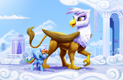 Size: 2200x1430 | Tagged: safe, artist:tsitra360, imported from derpibooru, gilda, rainbow dash, griffon, pegasus, pony, alternate size, city, cloud, cloudsdale, duo, female, giant griffon, giantess, macro, micro, open mouth, size difference, speedpaint available, walking