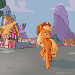 Size: 4724x4724 | Tagged: safe, artist:demonnox98, imported from derpibooru, applejack, earth pony, pony, applejack's hat, building, cowboy hat, female, fence, freckles, hat, house, mare, ponyville, raised hoof, raised leg, solo, tree