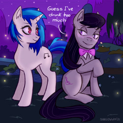 Size: 4134x4134 | Tagged: safe, artist:demonnox98, imported from derpibooru, dj pon-3, octavia melody, vinyl scratch, earth pony, firefly (insect), insect, pony, unicorn, blushing, bowtie, drunk, female, lesbian, looking at each other, mare, night, raised hoof, scratchtavia, shipping, sitting, stars