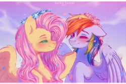 Size: 3000x2000 | Tagged: safe, artist:belkasweet, imported from derpibooru, fluttershy, rainbow dash, pegasus, pony, blushing, bust, chest fluff, duo, eyes closed, female, floppy ears, floral head wreath, flower, flower in hair, heart, high res, looking at you, mare, one eye closed, profile, raised hoof, sky, sky background, smiling, spread wings, three quarter view, wings, wink, winking at you