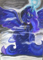 Size: 443x623 | Tagged: safe, imported from derpibooru, princess luna, alicorn, cape, clothes, hearth's warming eve, magic, magic aura, moon, snow, solo, spread wings, wings, winter
