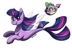 Size: 2269x1575 | Tagged: safe, artist:ratlovera, imported from derpibooru, spike, twilight sparkle, alicorn, fish, puffer fish, seapony (g4), my little pony: the movie, female, fin wings, fish tail, flowing mane, flowing tail, green eyes, horn, male, purple eyes, seaponified, seapony twilight, simple background, smiling, species swap, spike the pufferfish, tail, transparent background, twilight sparkle (alicorn), wings