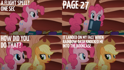 Size: 2000x1125 | Tagged: safe, edit, edited screencap, editor:quoterific, imported from derpibooru, screencap, applejack, pinkie pie, earth pony, pony, sonic rainboom (episode), book, holding a book, mouth hold, open mouth