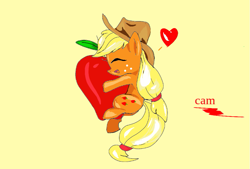 Size: 909x613 | Tagged: safe, artist:@cameron, derpibooru exclusive, imported from derpibooru, applejack, apple, cute, food, hat, heart, hugging an apple