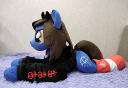 Size: 2000x1372 | Tagged: safe, artist:lanacraft, imported from derpibooru, earth pony, pony, bring me the horizon, clothes, commission, drop dead clothing, equestria girls ponified, hoodie, irl, life size, lying down, male, oliver sykes, photo, plushie, ponified, prone, shirt, socks, solo, sonic the hedgehog (series), stallion, tattoo, undershirt
