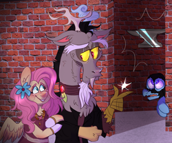 Size: 1280x1072 | Tagged: safe, artist:noodlezss, imported from derpibooru, discord, fluttershy, oc, draconequus, pegasus, pony, anvil, arm in arm, bipedal, blushing, bodyguard, brick wall, clothes, discoshy, female, finger snap, flower, flower in hair, gloves, holding arms, hoof gloves, looking at each other, looking at someone, male, mare, outdoors, shipping, smiling, spread wings, story included, straight, walking, wings