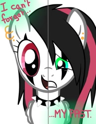 Size: 600x773 | Tagged: safe, artist:emalajiss36, imported from derpibooru, oc, oc only, oc:emala jiss, pegasus, pony, choker, ear piercing, earring, eyelashes, female, frown, heterochromia, jewelry, mare, pegasus oc, piercing, smiling, solo, spiked choker, split screen, two sided posters, wings