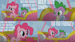 Size: 2000x1125 | Tagged: safe, edit, edited screencap, editor:quoterific, imported from derpibooru, screencap, pinkie pie, spike, dragon, earth pony, pony, fall weather friends, confused, female, lip bite, male, microphone, open mouth