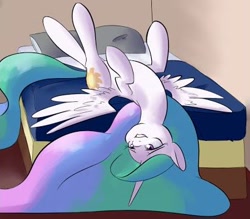 Size: 410x359 | Tagged: safe, artist:goat train, artist:ocalhoun, imported from derpibooru, princess celestia, alicorn, pony, bed, bedroom, bedroom eyes, long hair, long mane, solo, spread wings, upside down, wingboner, wings