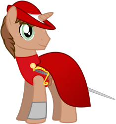 Size: 1108x1184 | Tagged: safe, alternate version, artist:amgiwolf, imported from derpibooru, oc, oc only, oc:heroic armour, pony, unicorn, background removed, clothes, hat, horn, looking back, male, simple background, smiling, solo, stallion, sword, transparent background, unicorn oc, weapon