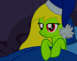 Size: 1005x794 | Tagged: safe, artist:amgiwolf, imported from derpibooru, oc, oc only, oc:viexy ams, pegasus, pony, bed, blanket, eyelashes, female, frown, indoors, mare, pegasus oc, sleeping cap, solo, wings