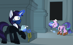 Size: 3020x1889 | Tagged: safe, artist:moonatik, imported from derpibooru, oc, oc only, alicorn, pony, unicorn, a thousand nights in a hallway, alicorn oc, bandana, boots, clothes, commission, cowboy boots, cowboy hat, detective, female, hat, horn, mare, museum, paper, rope, scarf, shoes, unicorn oc, wings