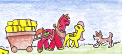 Size: 1087x481 | Tagged: safe, artist:tristanjsolarez, edit, imported from derpibooru, big macintosh, fluttershy, winona, dog, earth pony, pegasus, pony, cart, cropped, female, fluttermac, hay bale, looking at each other, male, shipping, straight, traditional art