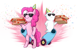 Size: 1024x644 | Tagged: safe, artist:foxhatart, imported from derpibooru, pinkie pie, ghost, pony, undead, bipedal, food, party cannon, pizza, sunglasses