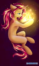 Size: 1200x2000 | Tagged: safe, artist:tokokami, imported from derpibooru, sunset shimmer, pony, unicorn, dock, female, fire, glow, looking at something, mare, missing cutie mark, profile, solo