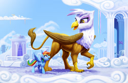 Size: 2200x1430 | Tagged: safe, artist:tsitra360, imported from derpibooru, imported from ponybooru, gilda, rainbow dash, griffon, pegasus, pony, alternate size, city, cloud, cloudsdale, cutie mark, duo, female, giant griffon, giantess, macro, micro, open mouth, size difference, speedpaint available, walking