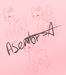 Size: 2301x2606 | Tagged: safe, artist:minelvi, imported from derpibooru, oc, oc only, earth pony, pegasus, pony, unicorn, bald, base, ear fluff, earth pony oc, horn, lineart, pegasus oc, pink background, simple background, unicorn oc, watermark, wings