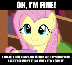 Size: 1389x1241 | Tagged: safe, imported from derpibooru, fluttershy, make new friends but keep discord, anxiety, caption, dissonant caption, image macro, impact font, text