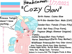 Size: 1024x771 | Tagged: safe, artist:elzathehedgehog, imported from derpibooru, cozy glow, bat pony, pony, bat ponified, female, filly, gender headcanon, headcanon, pride, pride flag, race swap, reference sheet, sexism, simple background, solo, stereotype, trans female, transgender, transgender pride flag, white background