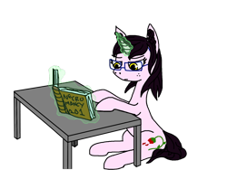 Size: 1600x1200 | Tagged: safe, artist:onwatchlistnonartist, imported from derpibooru, oc, oc only, oc:rosa maledicta, pony, unicorn, equestria at war mod, book, college, cute, egghead, female, freckles, glasses, necromancer, nerd, simple background, sitting, solo, transparent background