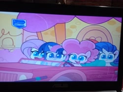 Size: 4160x3120 | Tagged: safe, imported from derpibooru, fluttershy, pinkie pie, rarity, twilight sparkle, my little pony: pony life, superb six, spoiler:pony life s01e40, car, perdana record, photo, picture of a screen