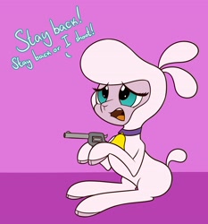 Size: 3576x3840 | Tagged: safe, artist:mrneo, imported from derpibooru, pom lamb, sheep, them's fightin' herds, bell, bell collar, cloven hooves, collar, community related, female, gun, sitting, solo, weapon