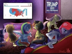 Size: 640x481 | Tagged: safe, edit, imported from derpibooru, applejack, fluttershy, pinkie pie, rainbow dash, rarity, twilight sparkle, 2020 election, downvote bait, exploitable meme, make america great again, mane six, meme, obligatory pony, op is a duck, op is trying to start shit, politics, sad movie meme, television