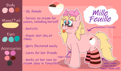 Size: 2350x1375 | Tagged: safe, artist:icecreamjaxxie, imported from derpibooru, oc, oc only, oc:mille feuille, pony, unicorn, :p, autism, back freckles, butt freckles, chubby, clothes, cutie mark, food, freckles, glasses, hat, ice cream, reference sheet, smiling, socks, solo, striped socks, tongue out