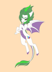 Size: 1024x1406 | Tagged: safe, artist:ocean-drop, imported from derpibooru, oc, oc only, oc:gem stone, dracony, dragon, hybrid, pony, dragon wings, female, flying, interspecies offspring, offspring, one eye closed, parent:rarity, parent:spike, parents:sparity, simple background, solo, spread wings, wings, wink, yellow background