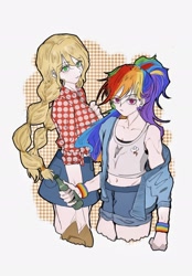 Size: 1340x1920 | Tagged: safe, imported from derpibooru, applejack, rainbow dash, human, appledash, belly button, breasts, cleavage, clothes, duo, female, humanized, lesbian, shipping, tanktop