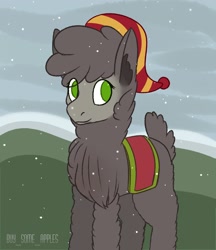 Size: 1600x1850 | Tagged: safe, artist:buy_some_apples, imported from derpibooru, oc, oc only, alpaca, happy, hat, no pupils, smiling, snow, snowfall