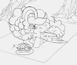 Size: 3500x3000 | Tagged: safe, artist:the-narrator, imported from derpibooru, oc, oc:filly fête, pegasus, pony, blanket, cute, food, forest, lineart, looking down, lying down, monochrome, muffin, outdoors, picnic, poofy mane, prone, redesign, simple background, solo, tongue out, tree, white background