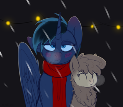 Size: 1600x1400 | Tagged: safe, artist:buy_some_apples, imported from derpibooru, oc, oc only, alpaca, blue alicorn (fo:e), blushing, clothes, confused, garland, happy, scarf, sketch, snow, snowfall