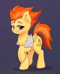 Size: 2309x2863 | Tagged: safe, artist:xbi, imported from derpibooru, spitfire, pegasus, pony, female, gradient background, lidded eyes, looking at you, mare, raised hoof, simple background, smiling, solo, towel