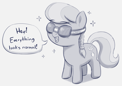 Size: 1676x1186 | Tagged: safe, artist:heretichesh, imported from derpibooru, silver spoon, earth pony, pony, dialogue, drawthread, female, filly, goggles, happy, monochrome, open mouth, solo, sparkles, spoon, text