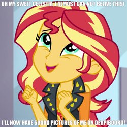 Size: 935x935 | Tagged: safe, derpibooru exclusive, edit, edited edit, edited screencap, imported from derpibooru, screencap, princess celestia, sunset shimmer, human, derpibooru, a fine line, equestria girls, equestria girls series, accessories, caption, clothes, cropped, cute, cutie mark, cutie mark on clothes, exclamation point, eyebrows, eyelashes, eyes open, female, geode of empathy, happy, jewelry, leather vest, looking up, magical geodes, meme, meta, milestone, necklace, open eyes, open mouth, shimmerbetes, shirt, solo, sun, symbol, t-shirt, text, text edit, wrinkles