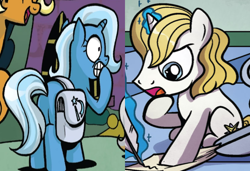 Size: 812x555 | Tagged: safe, edit, idw, imported from derpibooru, prince blueblood, trixie, spoiler:comic40, spoiler:comicdeviations, bag, bluetrix, colt, cropped, female, magic, male, parchment, quill, saddle bag, shipping, shipping domino, straight, young prince blueblood, young trixie, younger