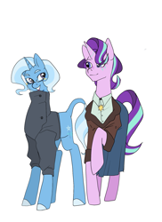 Size: 1455x1998 | Tagged: safe, artist:aztrial, imported from derpibooru, starlight glimmer, trixie, unicorn, alternate universe, clothes, eyeshadow, female, glasses, jacket, jewelry, lesbian, lipstick, makeup, necklace, shipping, skirt, startrix