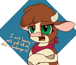 Size: 3200x2710 | Tagged: safe, artist:mrneo, edit, imported from derpibooru, arizona cow, cow, them's fightin' herds, abstract background, bandana, clothes, cloven hooves, community related, crossed arms, dialogue, female, horns, looking at you, neckerchief, solo, text edit, this will end in pain, this will not end well