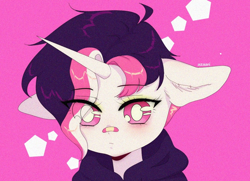 Size: 1118x810 | Tagged: safe, artist:azaani, imported from derpibooru, oc, oc only, anthro, pony, unicorn, anime, anime eyes, clothes, female, hoodie, horn, mare, patch, simple background, solo
