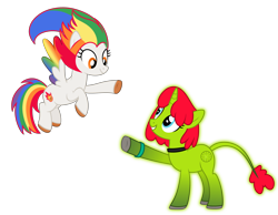 Size: 4500x3500 | Tagged: safe, artist:choisky13, imported from derpibooru, oc, oc only, oc:irene iridium, oc:radiante radium, object pony, original species, pegasus, pony, radioactive pony, unicorn, base used, colored wings, duo, female, glow, glowing body, gradient wings, high res, leonine tail, looking at each other, mare, multicolored hair, multicolored wings, ponified, radioactive, rainbow hair, rainbow tail, rainbow wings, simple background, smiling, transparent background, wings